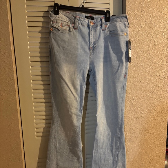 True Religion Joey Flap Pink Back Pocket Stitching with Pink Crystals Size 31 - Picture 2 of 8